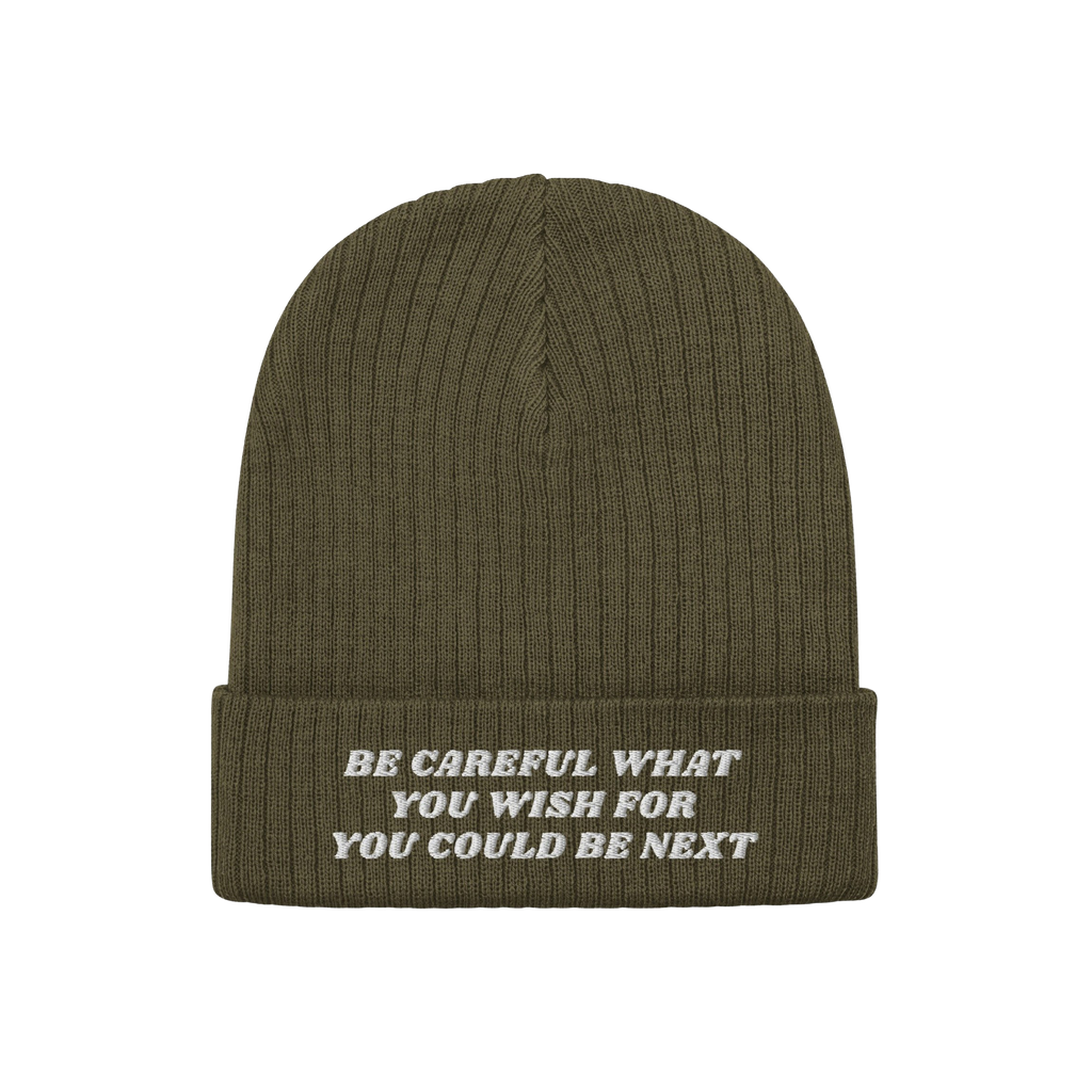 Olive-green Anti-Racist Hat with ribbed knit texture and folded cuff, featuring a bold, embroidered slogan against racism in 