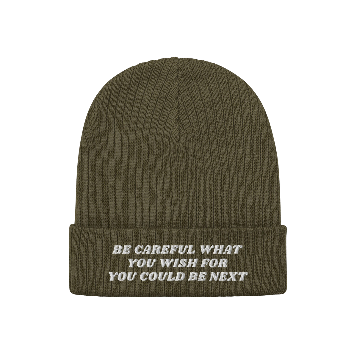 Olive-green Anti-Racist Hat with ribbed knit texture and folded cuff, featuring a bold, embroidered slogan against racism in 