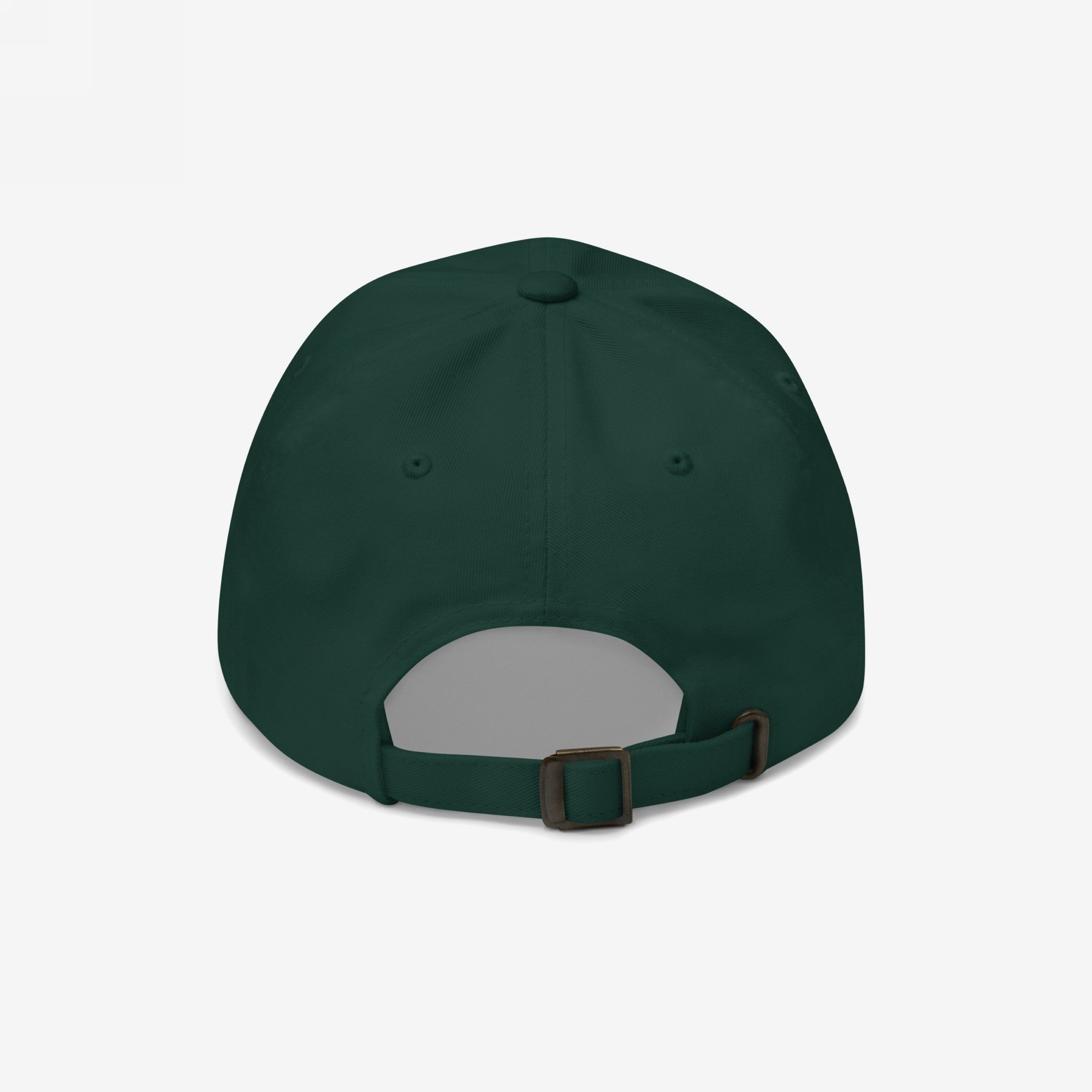 Rear view of the Anti-Racist Hat featuring a fabric strap and metal buckle for adjustment, six-panel construction, and ventilation eyelets, embodying a bold stance against racism.