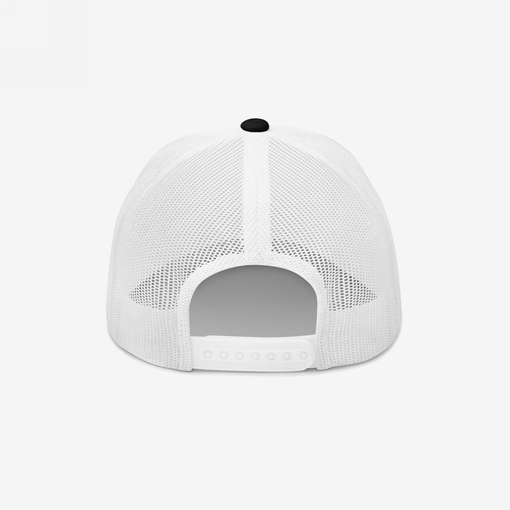 Anti-Racist Hat: Back view of a white mesh trucker cap featuring an adjustable snap closure, ventilated panels, and a contrasting black top button. This hat symbolizes a stand against racism.