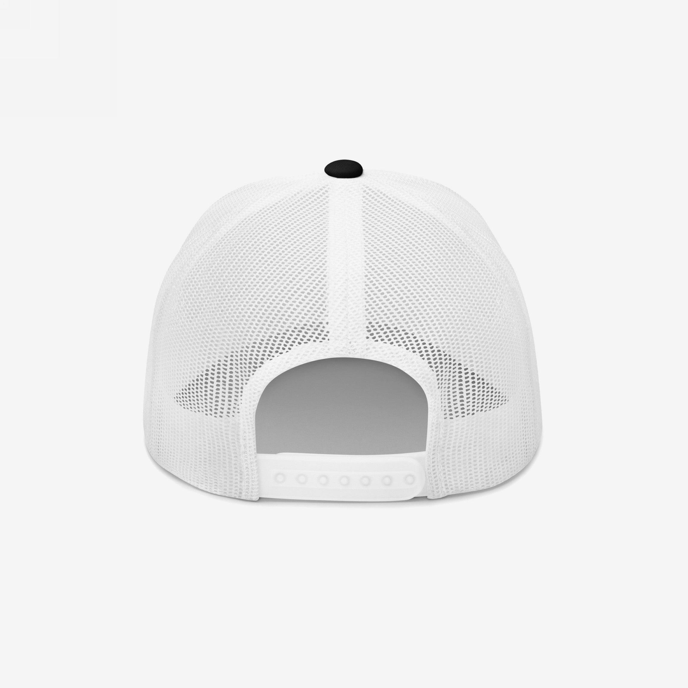 Anti-Racist Hat: Back view of a white mesh trucker cap featuring an adjustable snap closure, ventilated panels, and a contrasting black top button. This hat symbolizes a stand against racism.