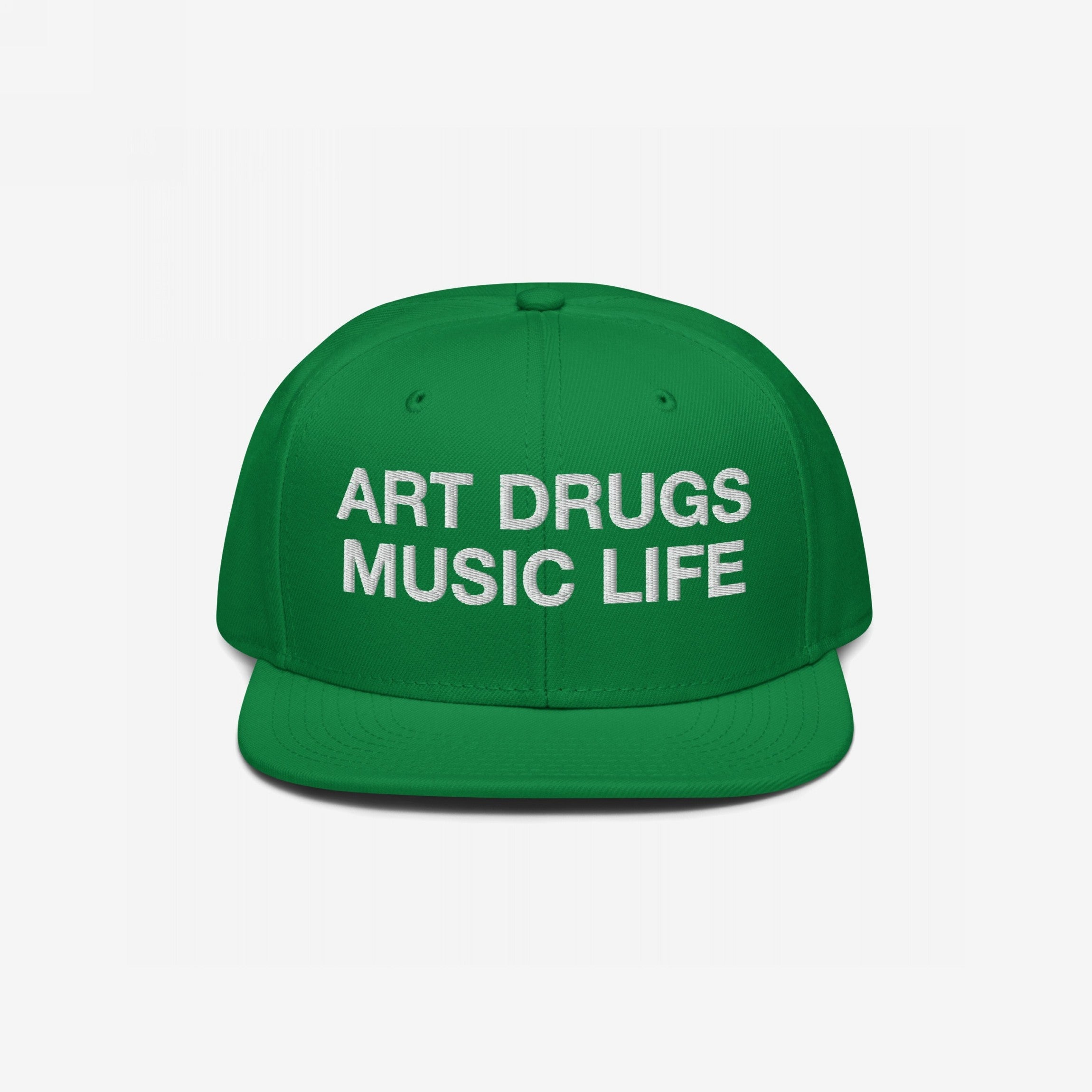 Green snapback hat with white embroidered “ART DRUGS MUSIC LIFE” text, embodying creative rebellion and expression. Perfect for art, music, and life enthusiasts seeking bold, unapologetic style.