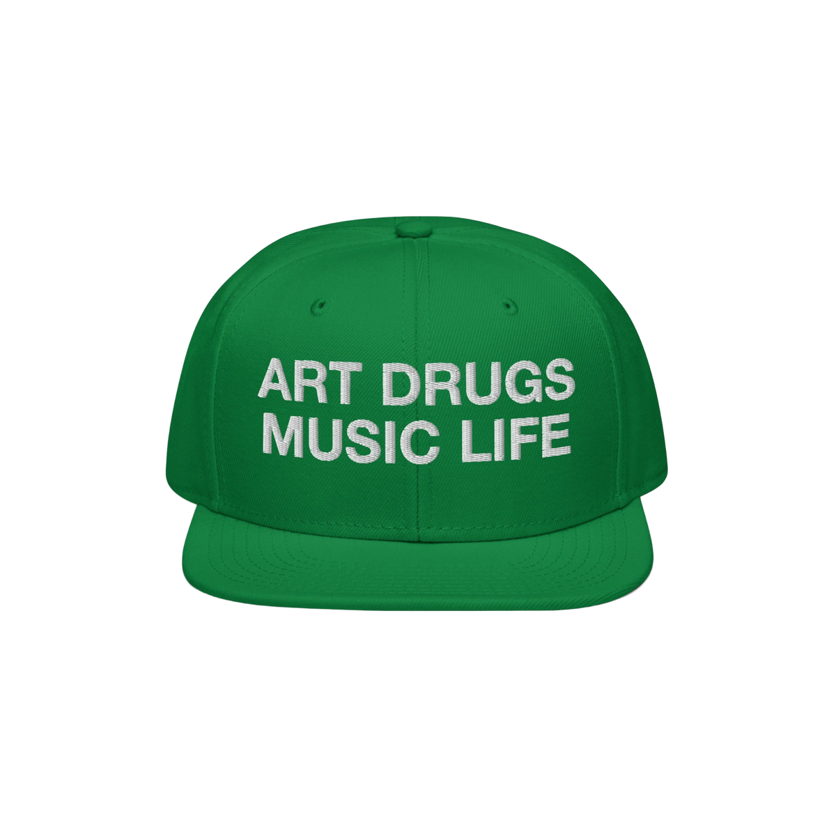 Green snapback hat with white embroidered “ART DRUGS MUSIC LIFE” text, embodying creative rebellion and expression. Perfe