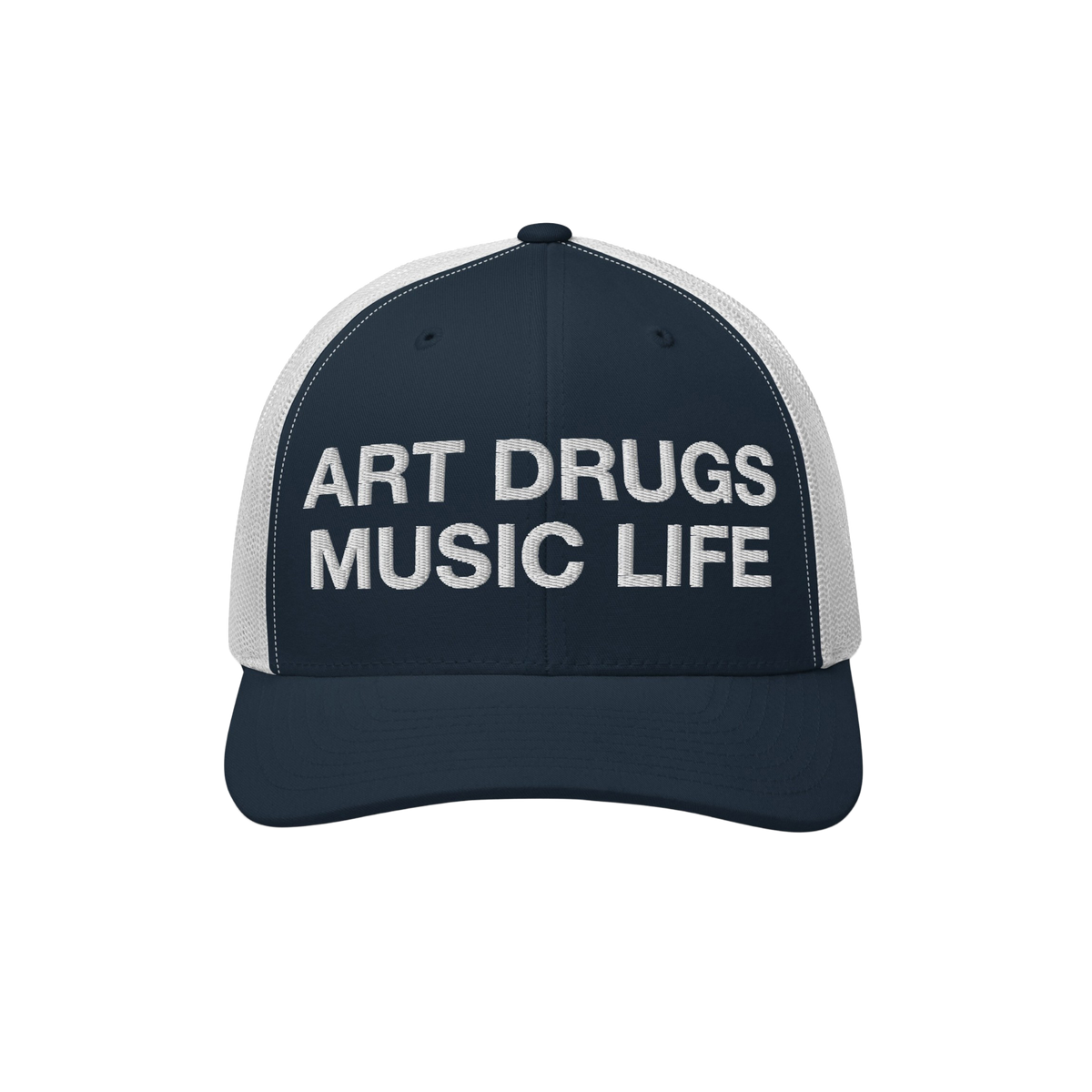 Art Drugs Music Life Hat: Navy trucker cap with bold white embroidery. Front reads “ART DRUGS MUSIC LIFE” in block letter