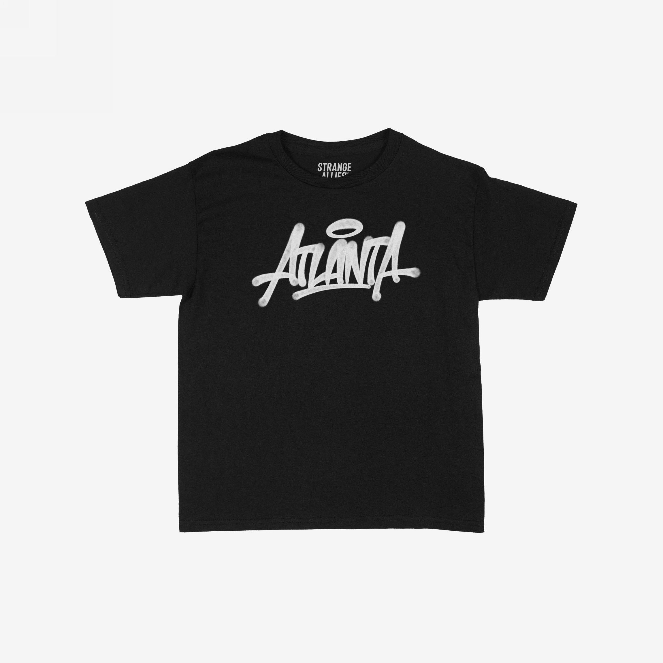 Atlanta Handstyle Women's Baby Tee featuring bold white graffiti-style Atlanta script with a halo, laid against a white background. STRANGE ALLIES label visible inside neckline, reflecting urban and retro style.
