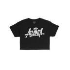 Atlanta Handstyle Women's Baby Tee featuring bold white graffiti-style Atlanta script with a halo, laid against a white backg