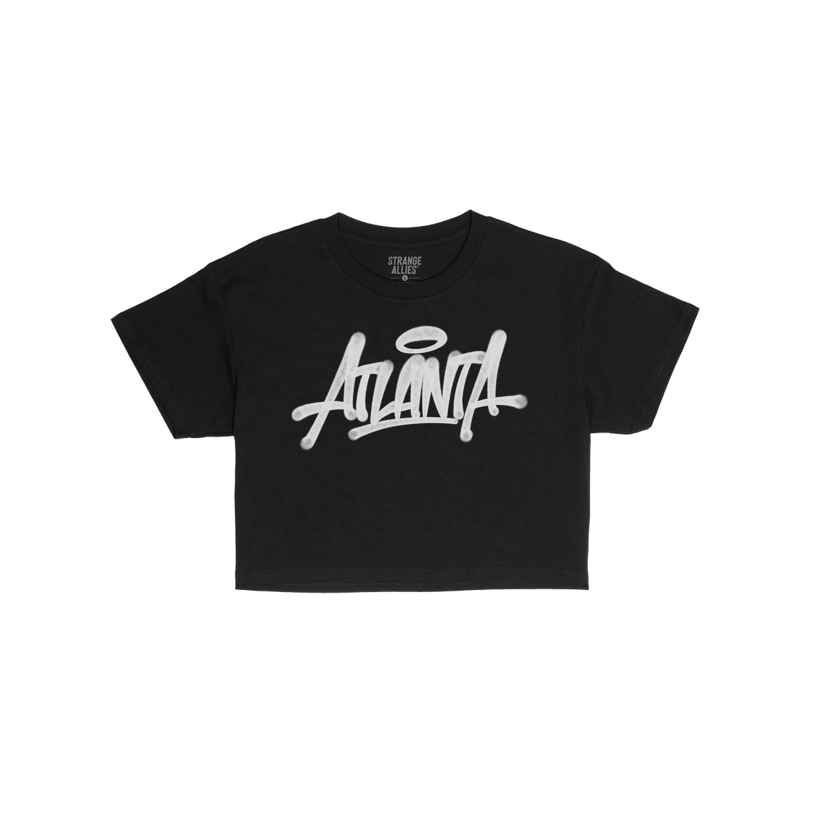 Atlanta Handstyle Women's Baby Tee featuring bold white graffiti-style Atlanta script with a halo, laid against a white backg