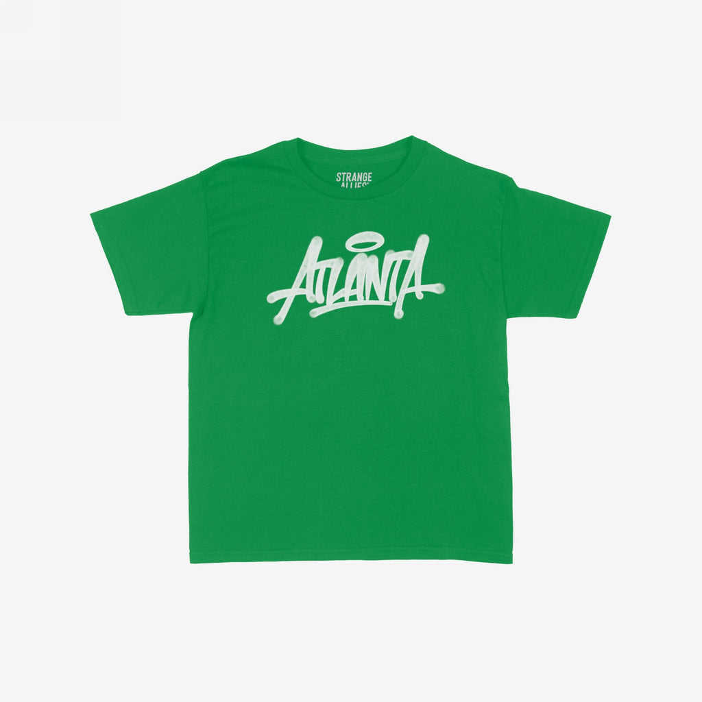 Atlanta Handstyle Women's Baby Tee featuring a white graffiti-style ANIMAL wordmark on a plain green, short-sleeved T-shirt, embodying Atlanta's urban culture and individuality. Brand STRANGE ALLIES visible inside collar.