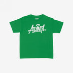 Atlanta Handstyle Women's Baby Tee featuring a white graffiti-style ANIMAL wordmark on a plain green, short-sleeved T-shirt, embodying Atlanta's urban culture and individuality. Brand STRANGE ALLIES visible inside collar.