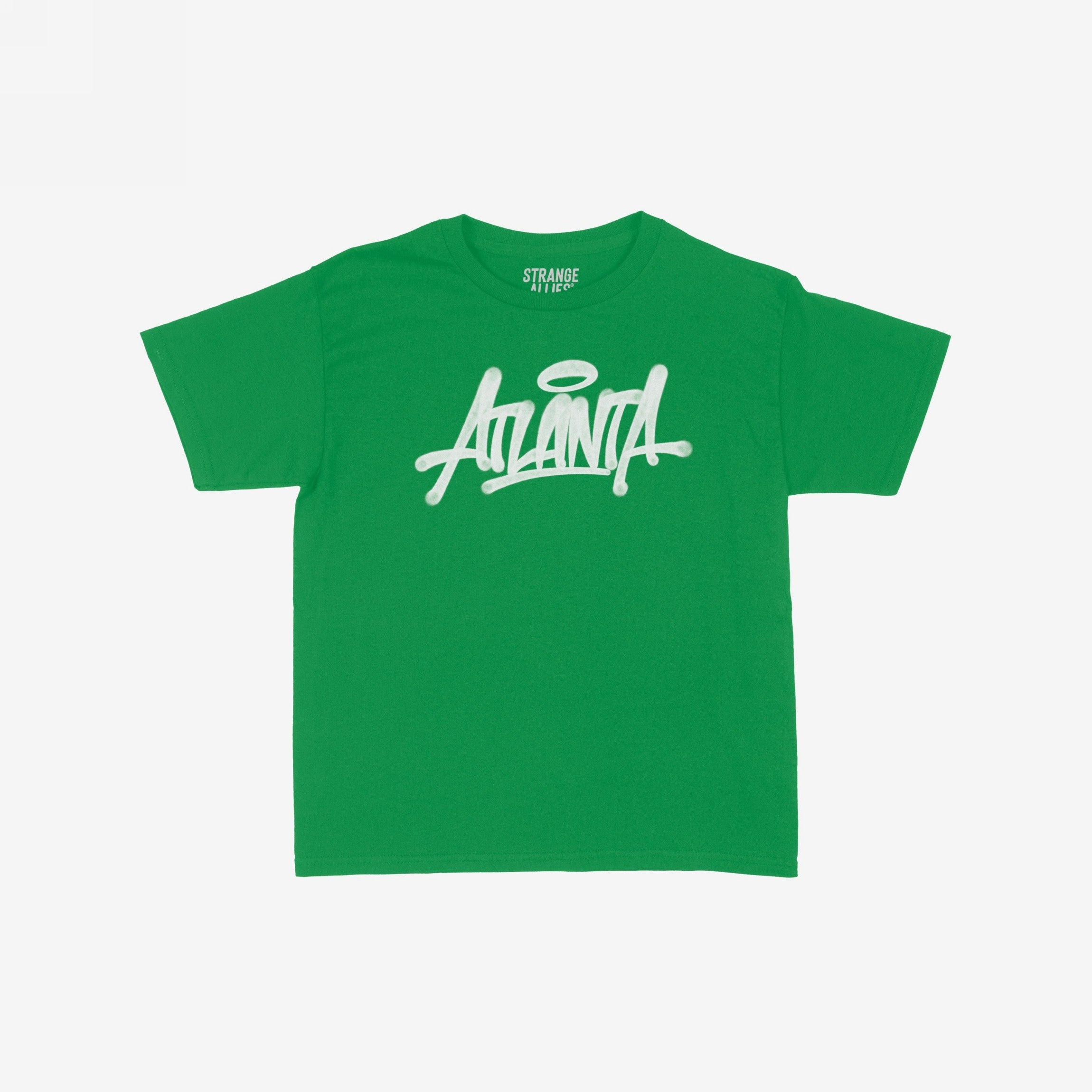 Atlanta Handstyle Women's Baby Tee featuring a white graffiti-style ANIMAL wordmark on a plain green, short-sleeved T-shirt, embodying Atlanta's urban culture and individuality. Brand STRANGE ALLIES visible inside collar.