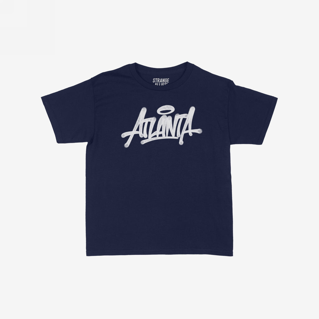Atlanta Handstyle Women's Baby Tee features a navy-blue design with a white graffiti-style Animal graphic, capturing Atlanta's street art vibe, perfect for expressing individuality and city pride.