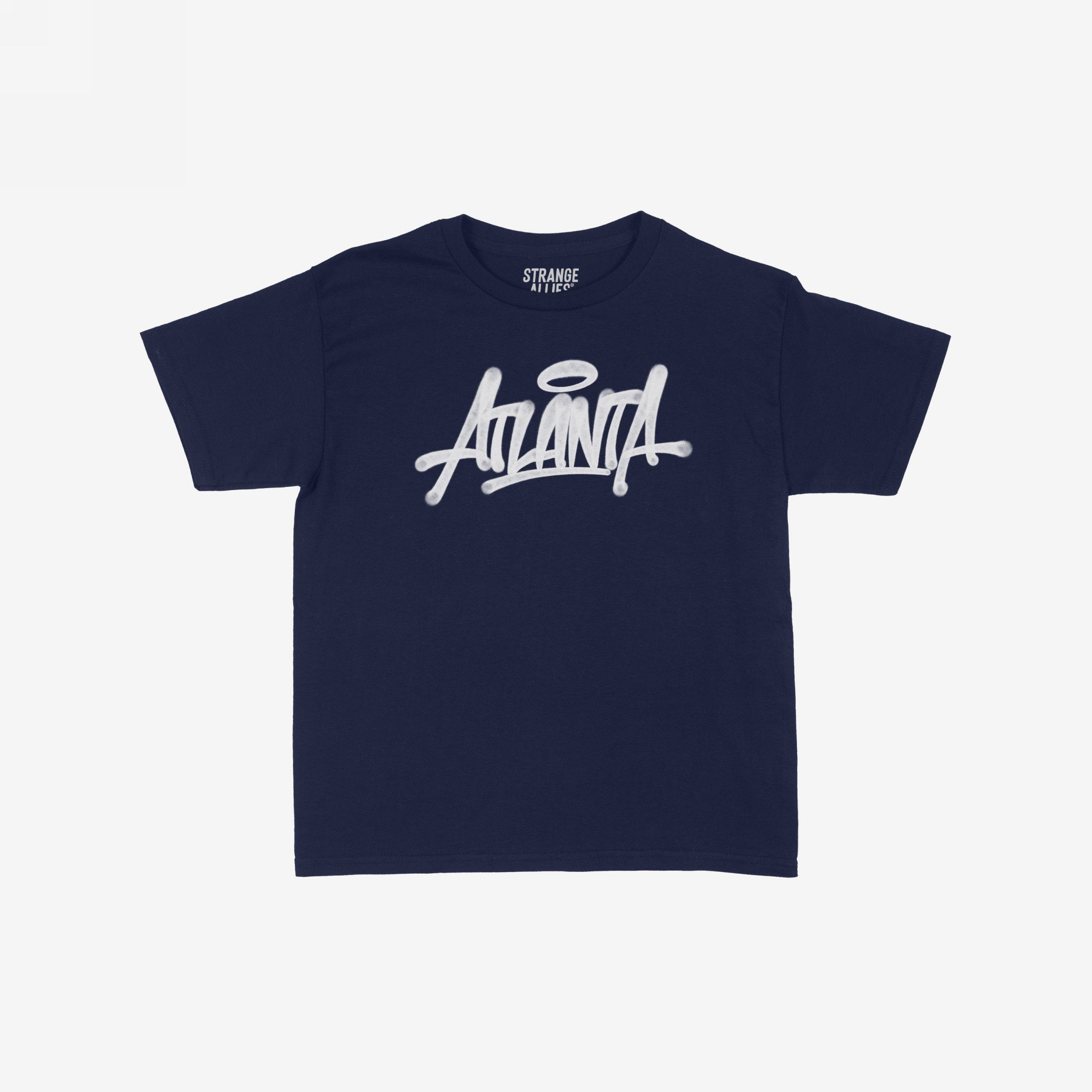Atlanta Handstyle Women's Baby Tee features a navy-blue design with a white graffiti-style Animal graphic, capturing Atlanta's street art vibe, perfect for expressing individuality and city pride.