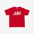 Atlanta Handstyle Women's Baby Tee featuring white graffiti-style script reading “Atlanta” on a red, short-sleeve T-shirt. Embraces urban style, perfect for expressing Atlanta pride with an edgy, retro flair.