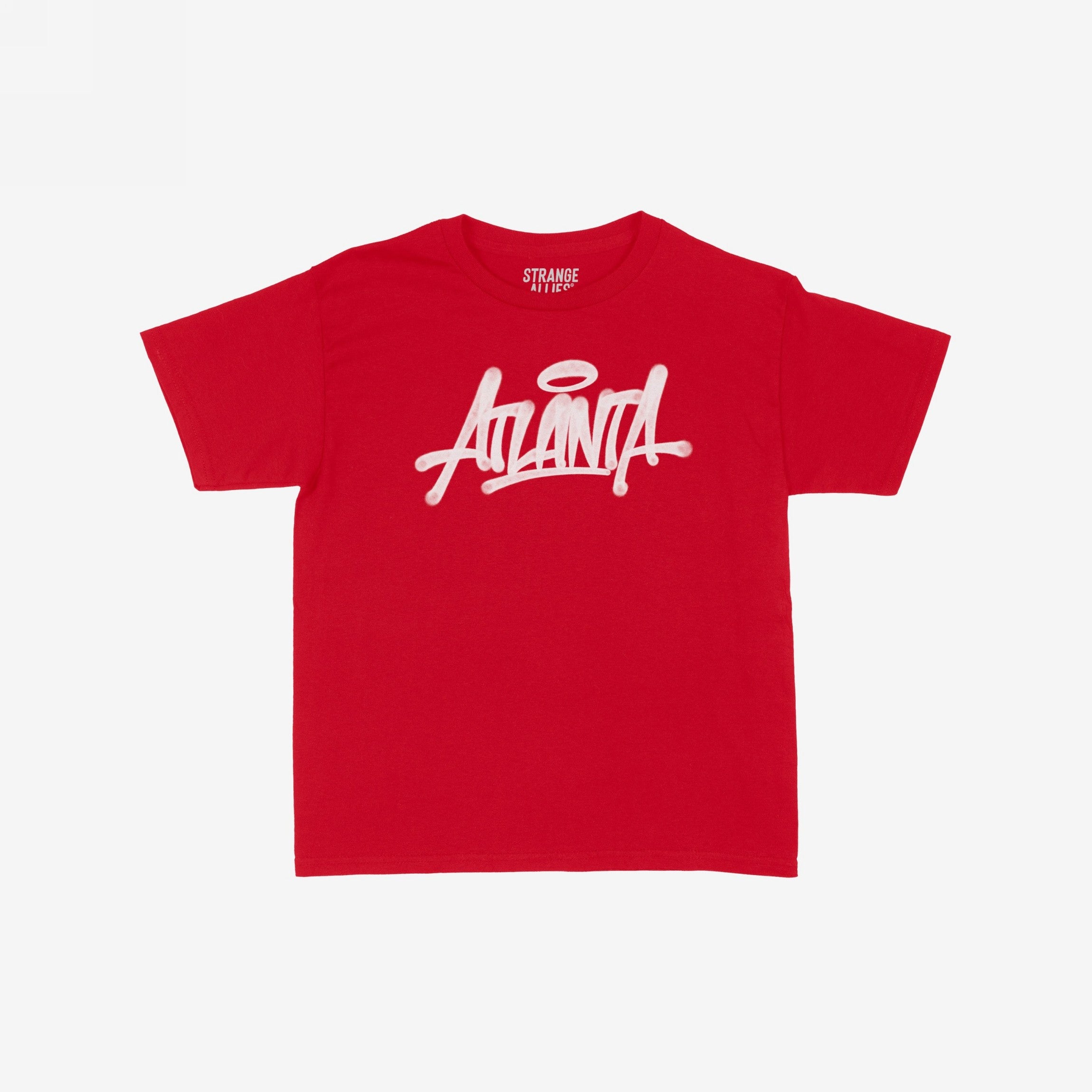 Atlanta Handstyle Women's Baby Tee featuring white graffiti-style script reading “Atlanta” on a red, short-sleeve T-shirt. Embraces urban style, perfect for expressing Atlanta pride with an edgy, retro flair.
