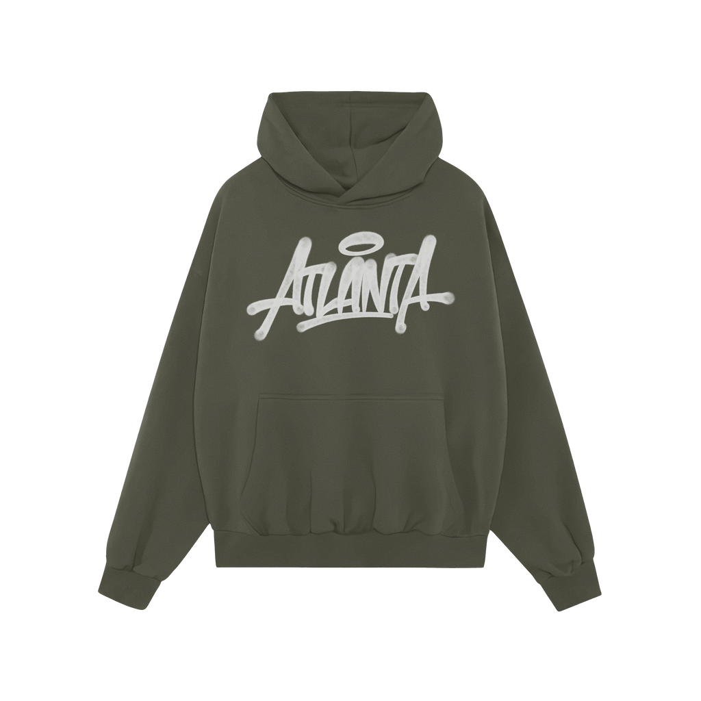 Atlanta Handstyle Hoodie featuring a graffiti-style Atlanta graphic across the chest, with a kangaroo pocket and drawstring h