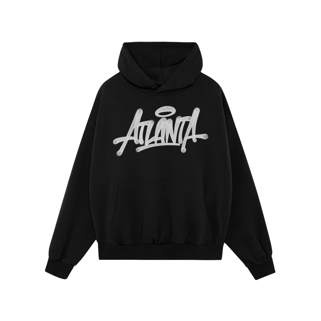 Black Atlanta Handstyle Hoodie featuring graffiti-inspired Atlanta across the chest with a halo above the A, designed for tho