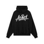 Black Atlanta Handstyle Hoodie featuring graffiti-inspired Atlanta across the chest with a halo above the A, designed for tho