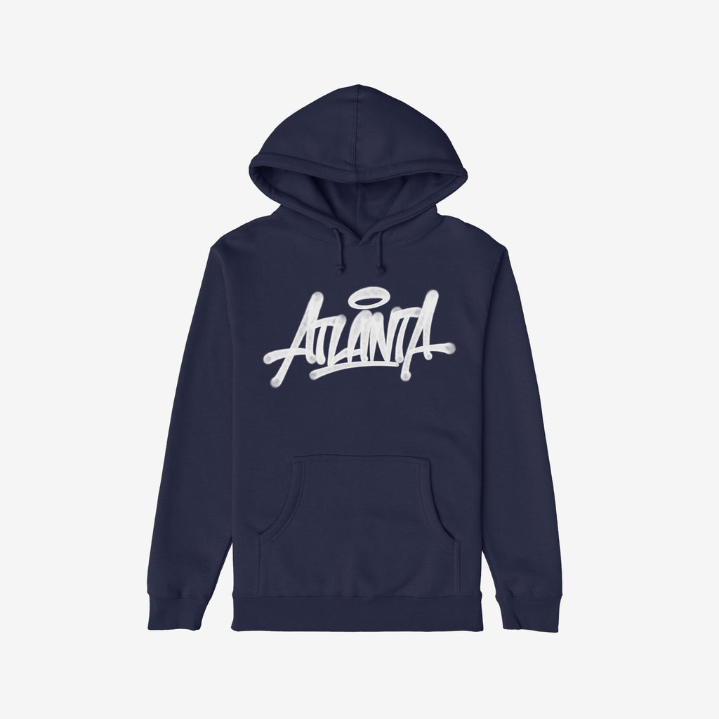 Navy blue Atlanta Handstyle Hoodie with graffiti-inspired script and halo graphic, embodying ATL pride. Perfect for expressing identity, this hoodie suits urban adventures and showcases your connection to the city.