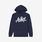 Navy blue Atlanta Handstyle Hoodie with graffiti-inspired script and halo graphic, embodying ATL pride. Perfect for expressing identity, this hoodie suits urban adventures and showcases your connection to the city.
