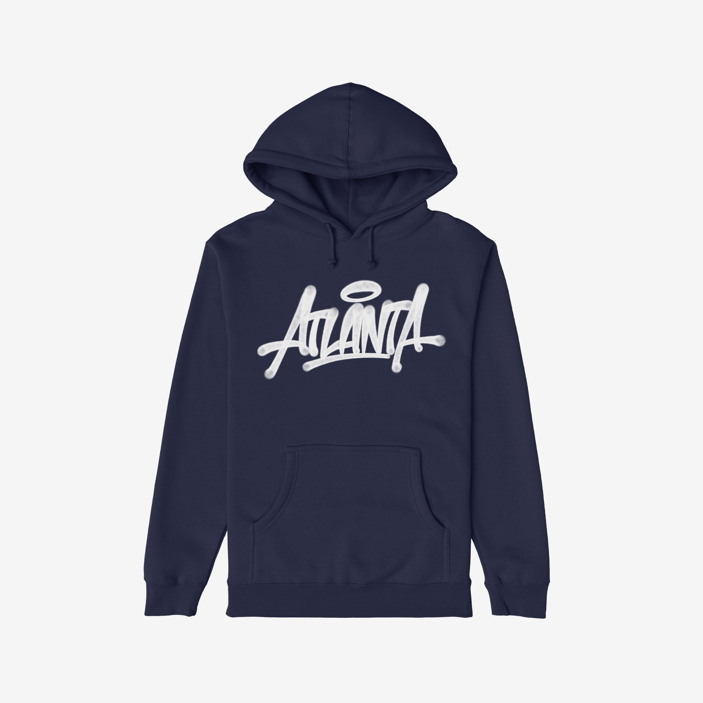 Navy blue Atlanta Handstyle Hoodie with graffiti-inspired script and halo graphic, embodying ATL pride. Perfect for expressing identity, this hoodie suits urban adventures and showcases your connection to the city.