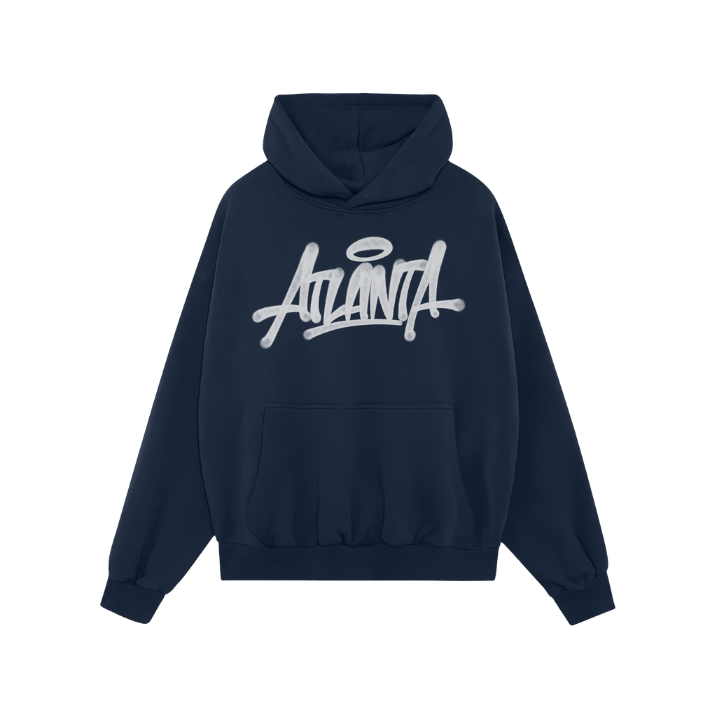 Navy blue Atlanta Handstyle Hoodie with graffiti-inspired script and halo graphic, embodying ATL pride. Perfect for expressin