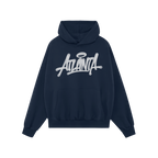 Navy blue Atlanta Handstyle Hoodie with graffiti-inspired script and halo graphic, embodying ATL pride. Perfect for expressin