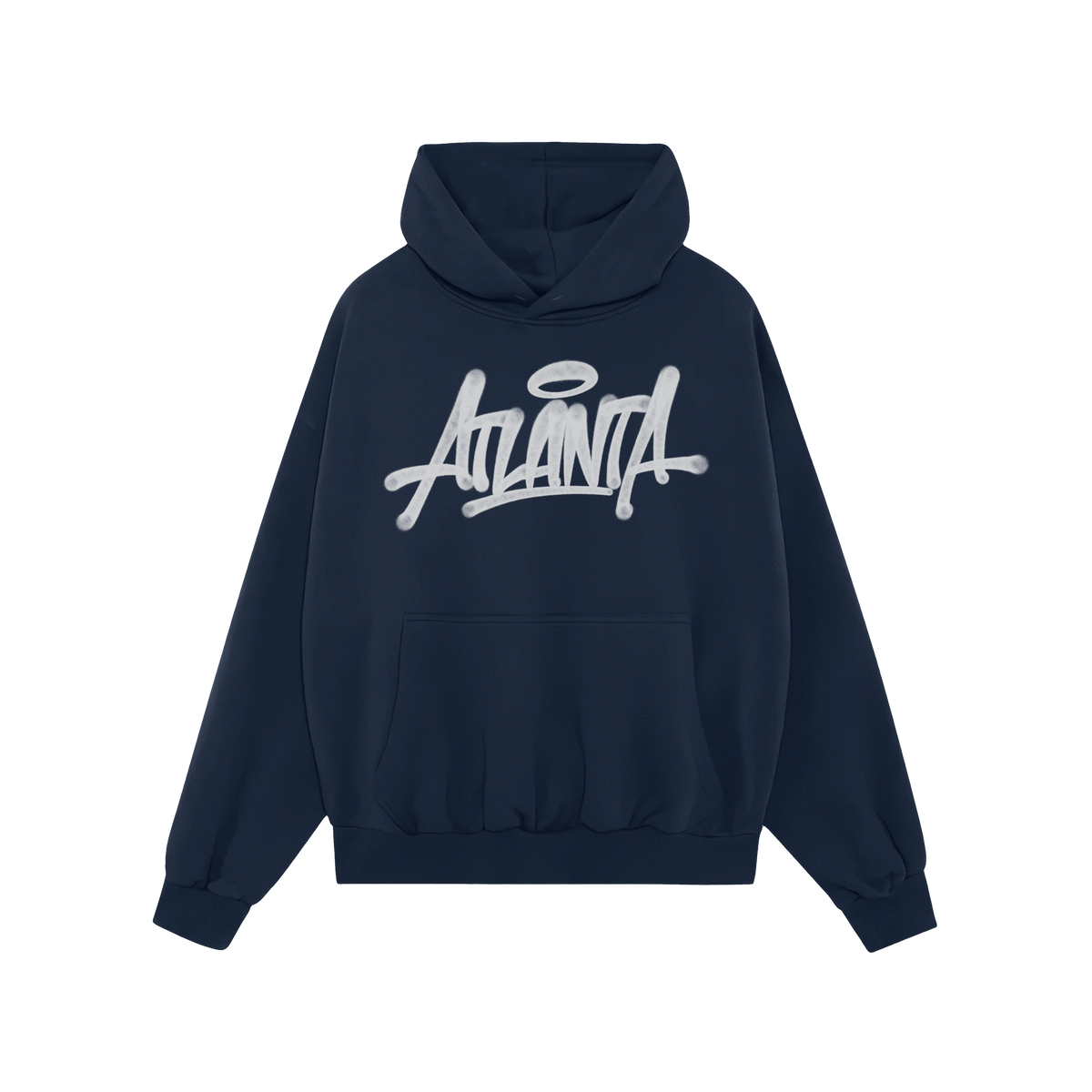 Navy blue Atlanta Handstyle Hoodie with graffiti-inspired script and halo graphic, embodying ATL pride. Perfect for expressin