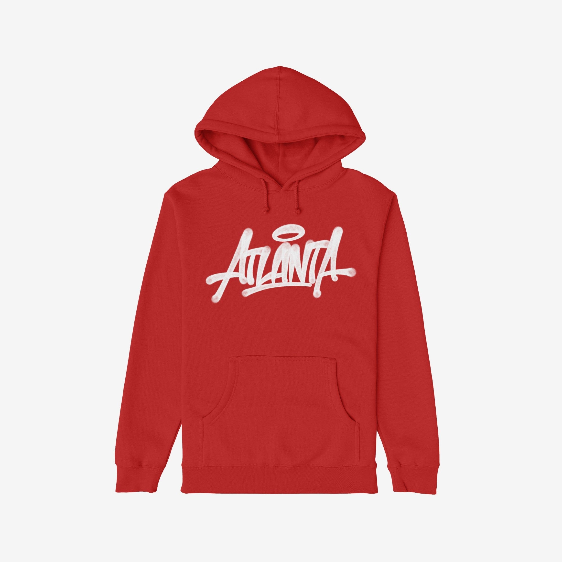 Red hoodie featuring a graffiti-style “Atlanta” graphic with a halo over the “A,” embodying local pride and culture. Ideal for those celebrating the city's vibrant, rebellious spirit.