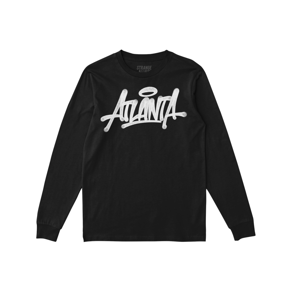 Black long-sleeve Atlanta Handstyle T-shirt with white graffiti-style Atlanta script, embodying street art culture. Made by S