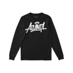 Black long-sleeve Atlanta Handstyle T-shirt with white graffiti-style Atlanta script, embodying street art culture. Made by S