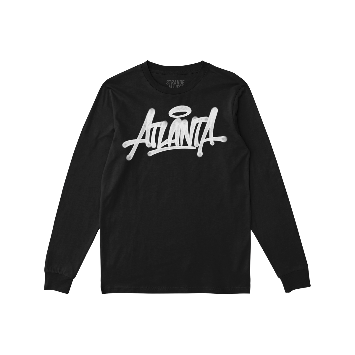 Black long-sleeve Atlanta Handstyle T-shirt with white graffiti-style Atlanta script, embodying street art culture. Made by S