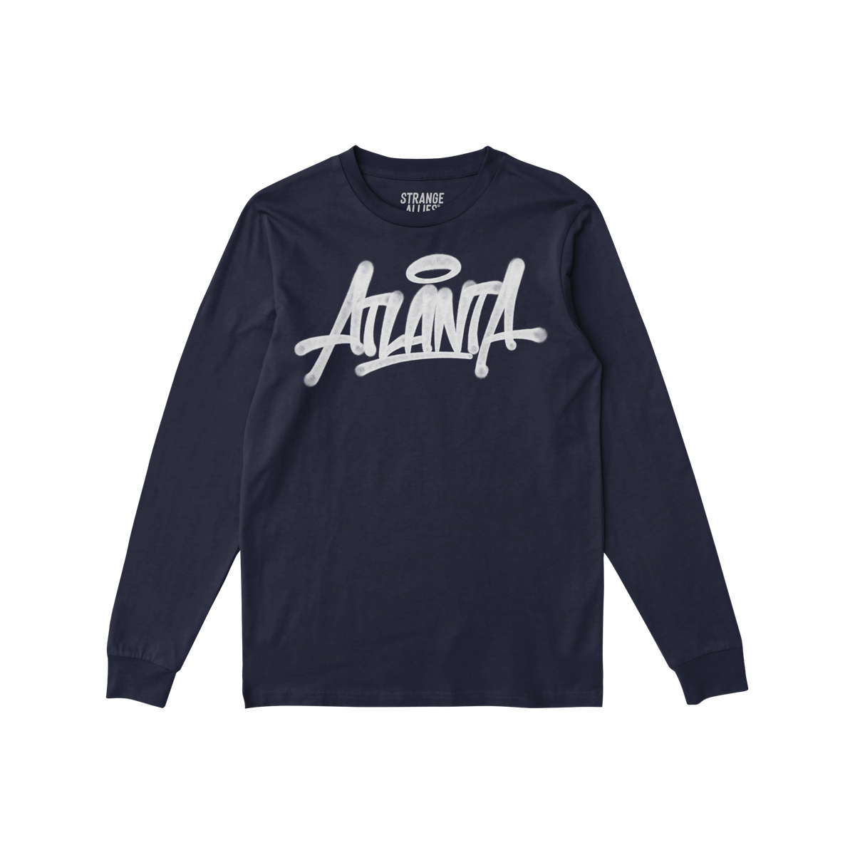 The Atlanta Handstyle T-shirt features a graffiti-style Atlanta script with a halo, embodying street art culture. Ideal for t