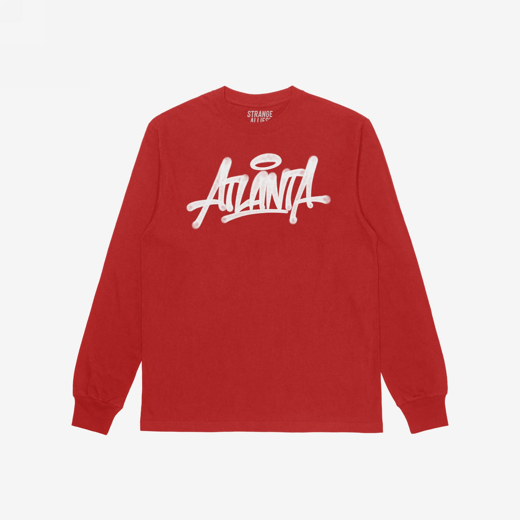 Red, long-sleeved Atlanta Handstyle T-shirt showcasing a bold, graffiti-style “Atlanta” logo, embodying street art culture. Strange Allies branding visible in the collar. Ideal for expressing city pride.