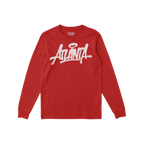 Red, long-sleeved Atlanta Handstyle T-shirt showcasing a bold, graffiti-style “Atlanta” logo, embodying street art cultur