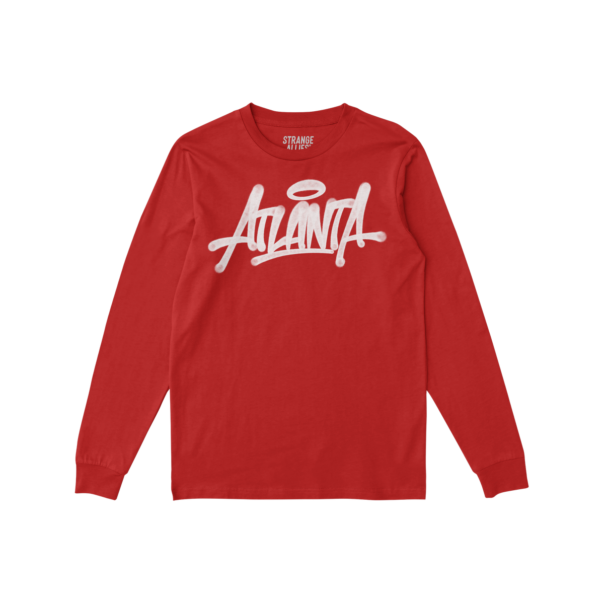 Red, long-sleeved Atlanta Handstyle T-shirt showcasing a bold, graffiti-style “Atlanta” logo, embodying street art cultur