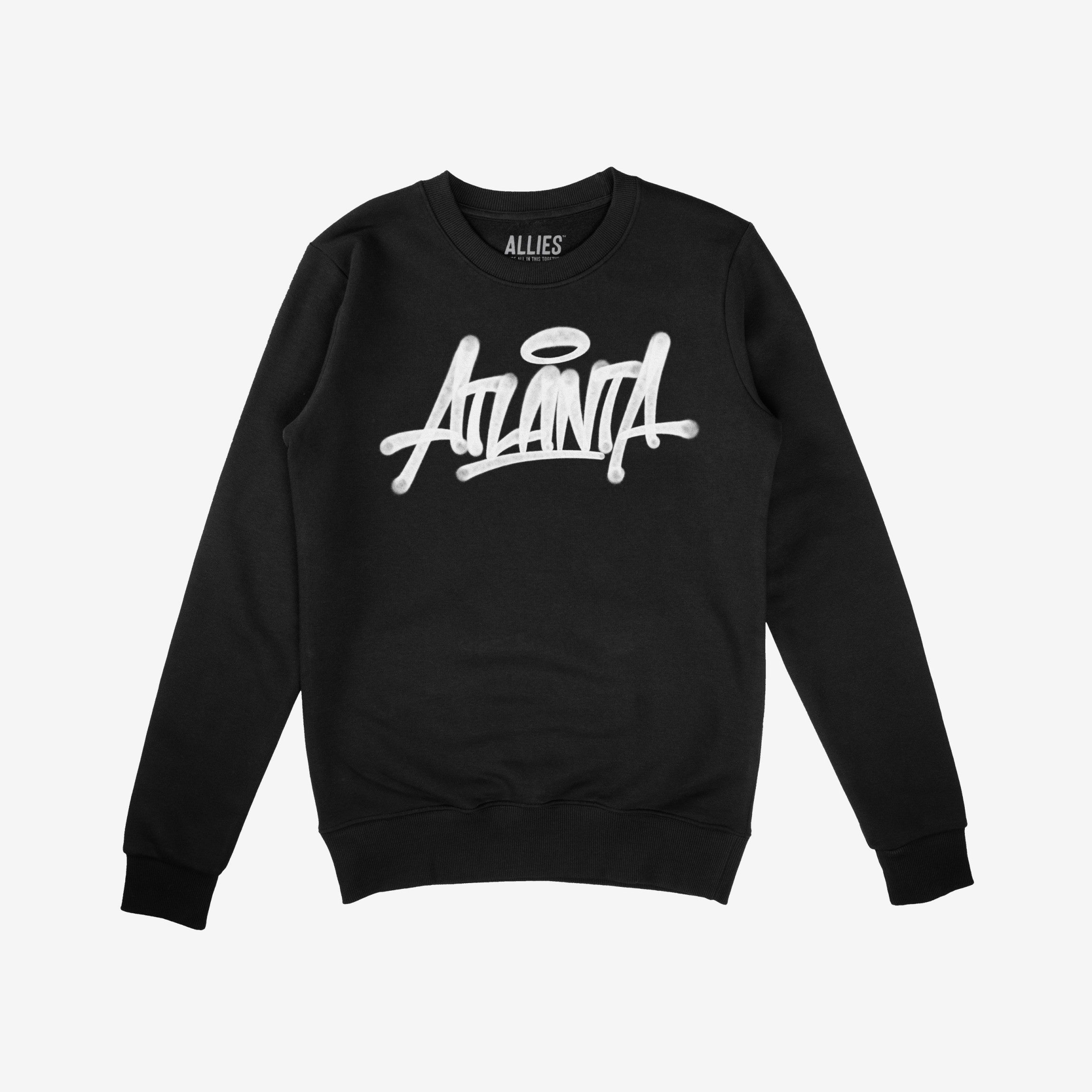 Black, long-sleeve crewneck sweatshirt featuring a white graffiti-style Atlanta logo. The Atlanta Handstyle Hoodie & Sweatshirt embodies city pride, perfect for those who see Atlanta as a movement.