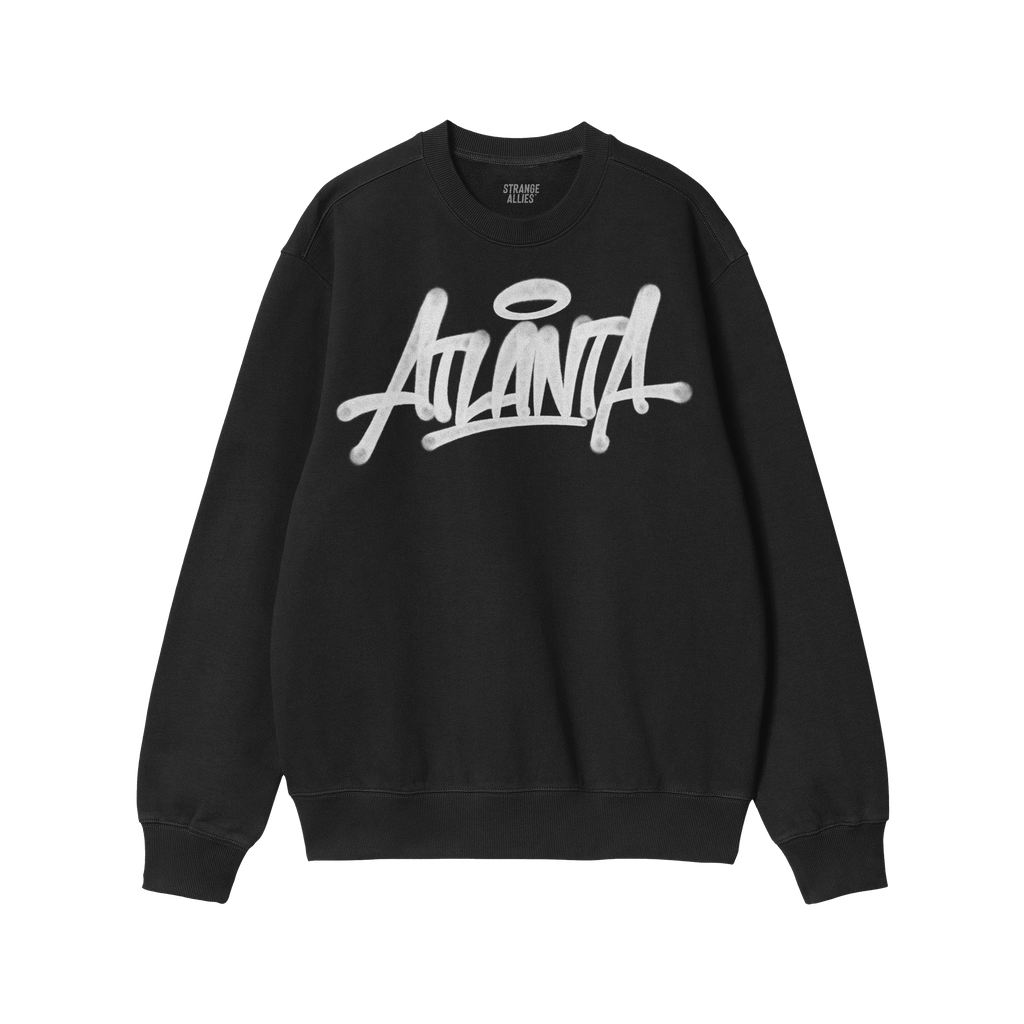 Black, long-sleeve crewneck sweatshirt featuring a white graffiti-style Atlanta logo. The Atlanta Handstyle Hoodie & Sweatshi