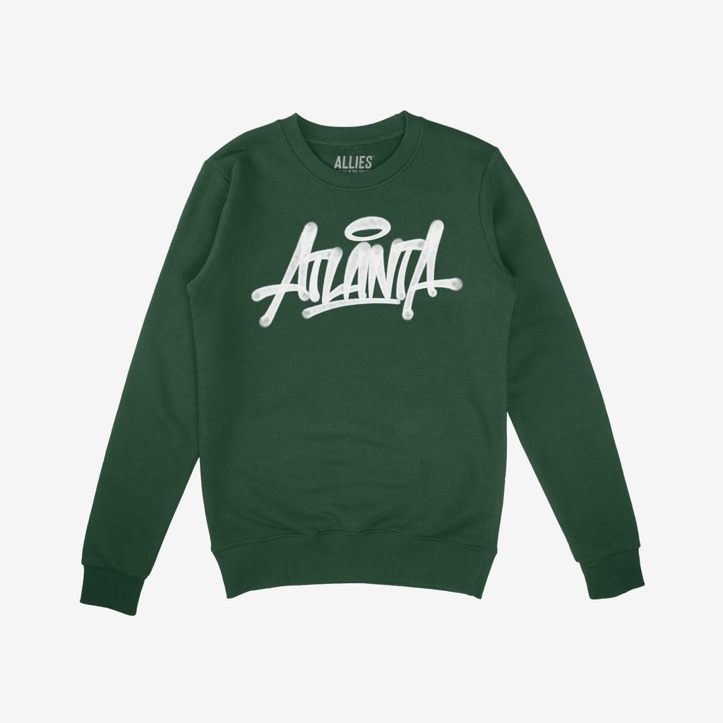 Dark green Atlanta Handstyle crewneck sweatshirt by ALLIES, featuring white graffiti-style script. Long sleeves with ribbed cuffs and hem, embodying bold ATL pride and urban culture.