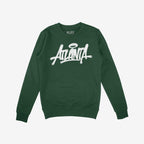 Dark green Atlanta Handstyle crewneck sweatshirt by ALLIES, featuring white graffiti-style script. Long sleeves with ribbed cuffs and hem, embodying bold ATL pride and urban culture.
