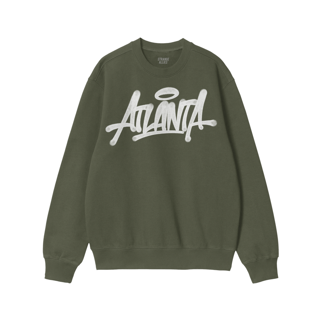Dark green Atlanta Handstyle crewneck sweatshirt by ALLIES, featuring white graffiti-style script. Long sleeves with ribbed c