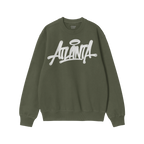 Dark green Atlanta Handstyle crewneck sweatshirt by ALLIES, featuring white graffiti-style script. Long sleeves with ribbed c