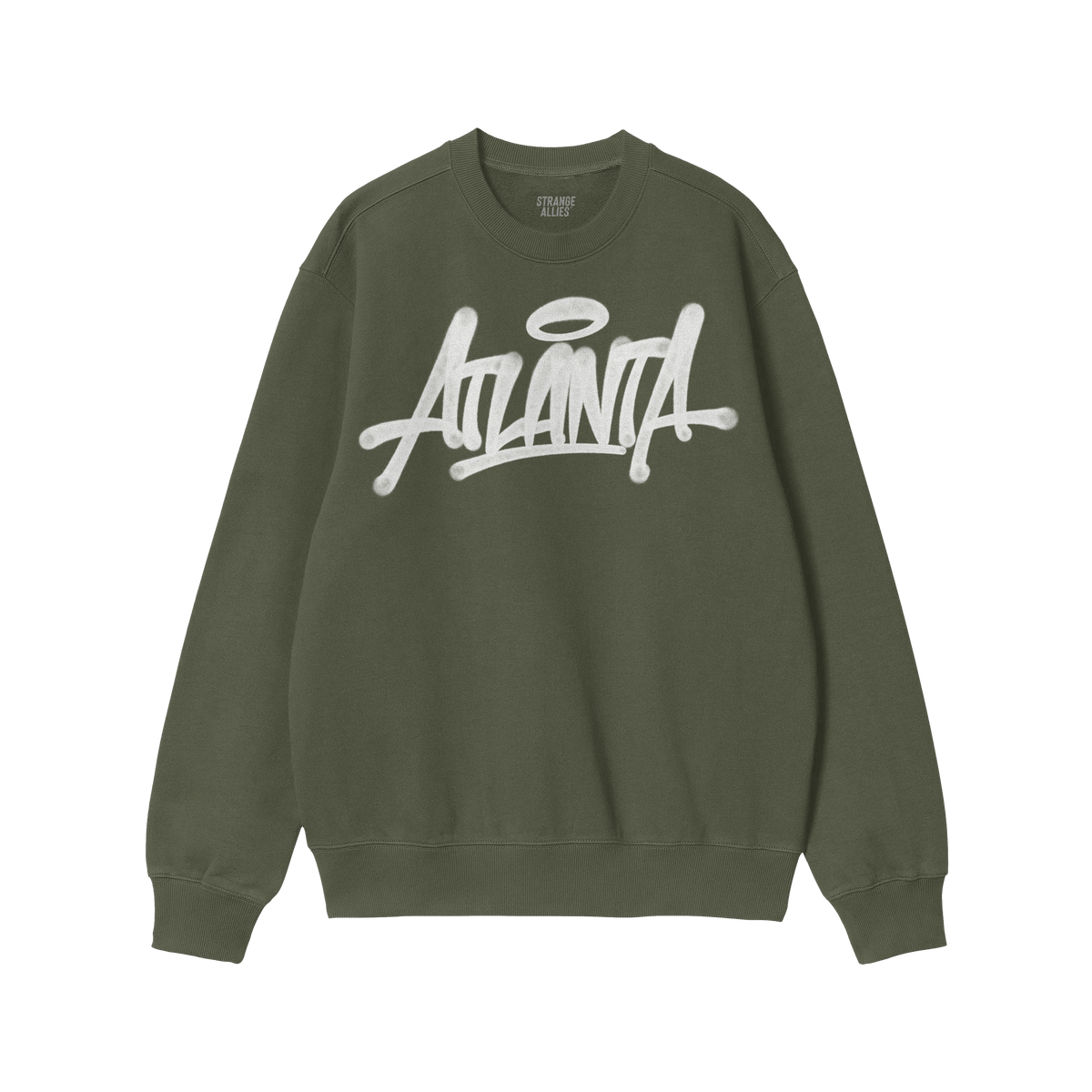 Dark green Atlanta Handstyle crewneck sweatshirt by ALLIES, featuring white graffiti-style script. Long sleeves with ribbed c