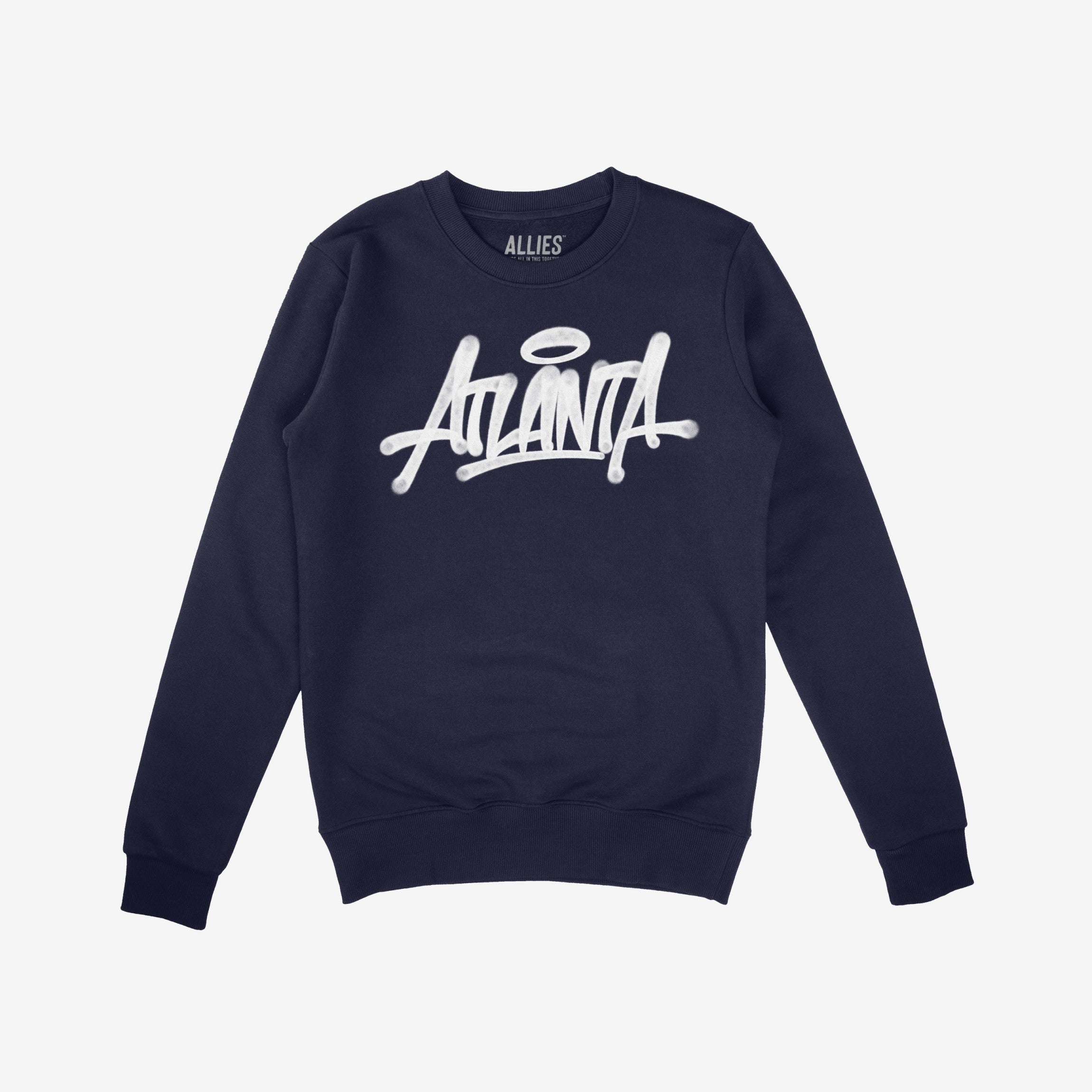 Navy blue Atlanta Handstyle crewneck sweatshirt featuring white graffiti lettering with a halo graphic. The chest reads ATLANTA, embodying city pride and urban artistry.