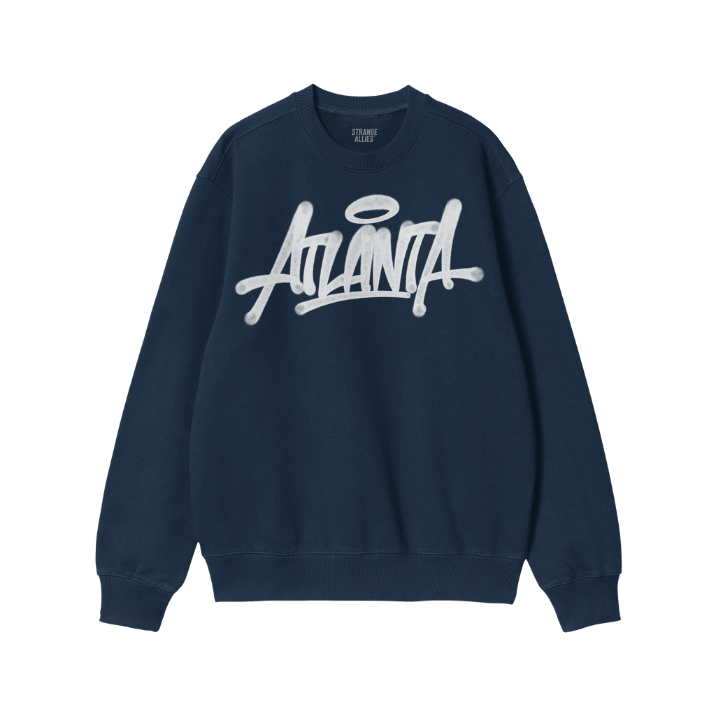 Navy blue Atlanta Handstyle crewneck sweatshirt featuring white graffiti lettering with a halo graphic. The chest reads ATLAN