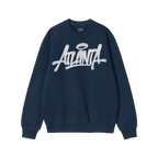 Navy blue Atlanta Handstyle crewneck sweatshirt featuring white graffiti lettering with a halo graphic. The chest reads ATLAN