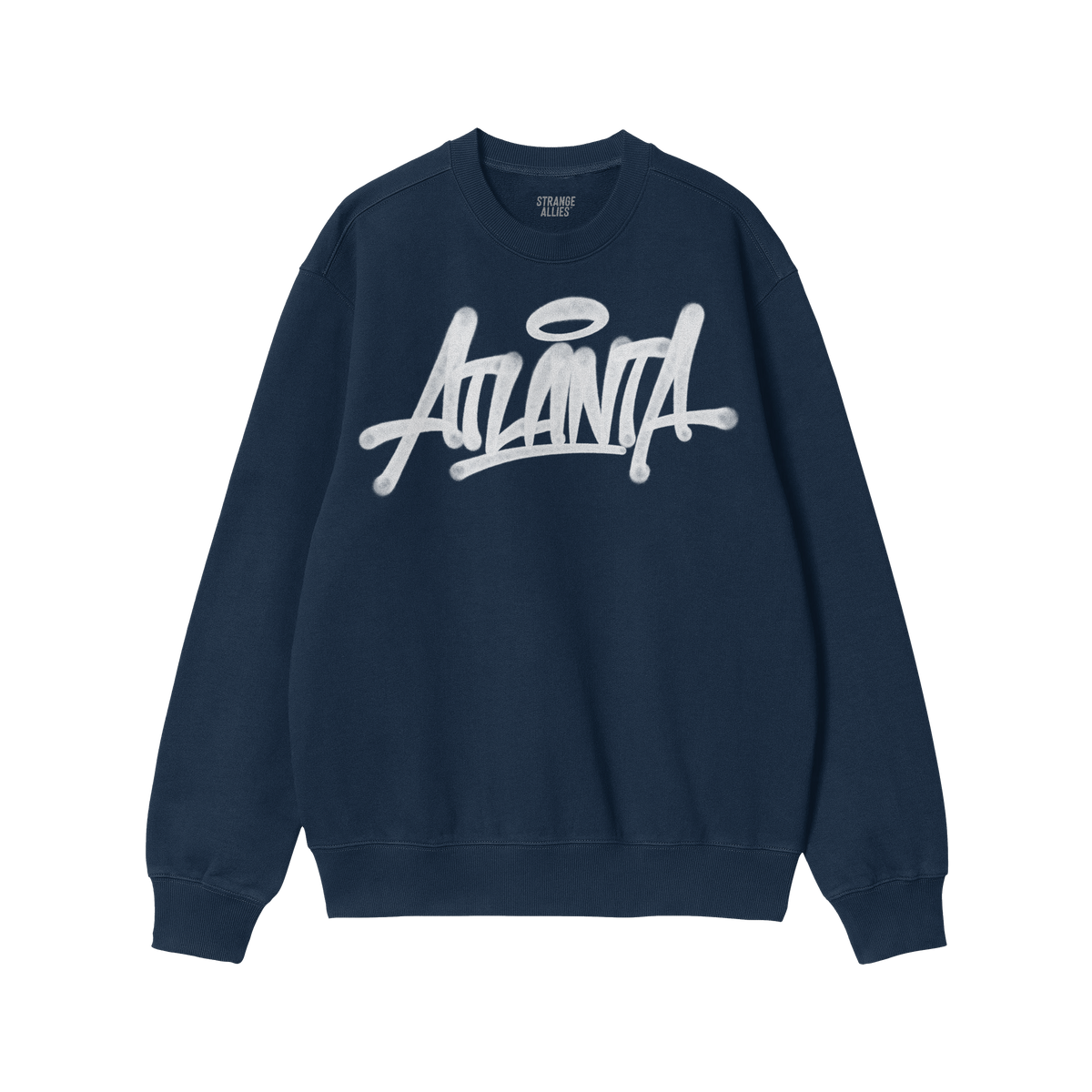 Navy blue Atlanta Handstyle crewneck sweatshirt featuring white graffiti lettering with a halo graphic. The chest reads ATLAN