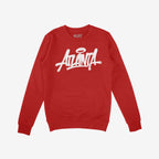 Red crew-neck sweatshirt featuring ATLANTA in white graffiti-style script with a halo over the A. The Atlanta Handstyle Hoodie & Sweatshirt showcases bold city pride and urban art influence.