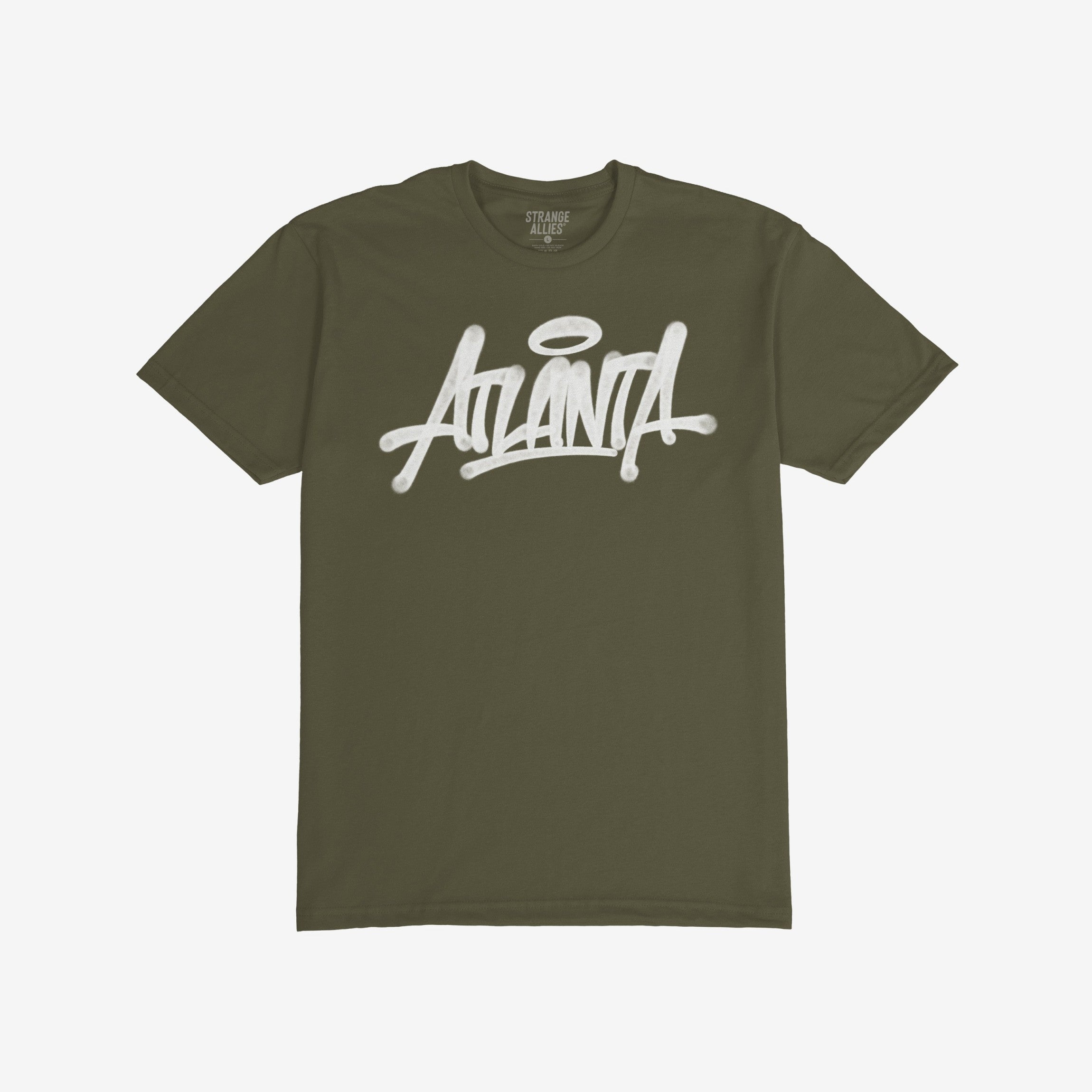 Olive-green Atlanta Handstyle T-shirt with graffiti-style script and halo motif, embodying street art culture. Ideal for those embracing Atlanta’s raw creativity and vibrant, unapologetic spirit.