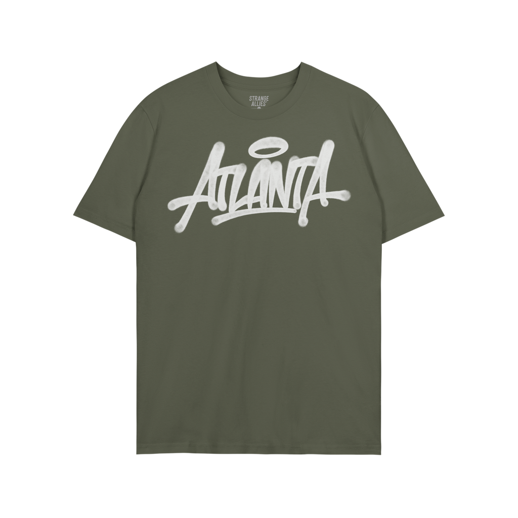 Olive-green Atlanta Handstyle T-shirt with graffiti-style script and halo motif, embodying street art culture. Ideal for thos