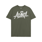 Olive-green Atlanta Handstyle T-shirt with graffiti-style script and halo motif, embodying street art culture. Ideal for thos